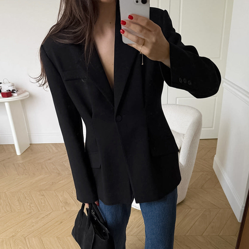 Autumn Winter Retro Black Elegant Slim Blazer Casual Tailored Collar Thin Top