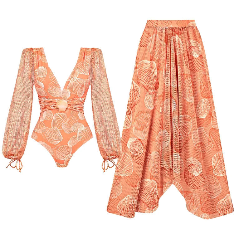Women Swimsuit V neck Mesh Long Sleeve Glossy Shell Printed One Piece Swimsuit Two Piece Set