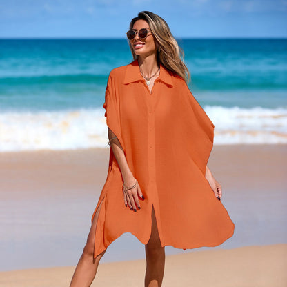 Beach Cover up Polo Collar Shirt Beach Skirt Tulle Top Loose Short Sleeve Beach Cover Up