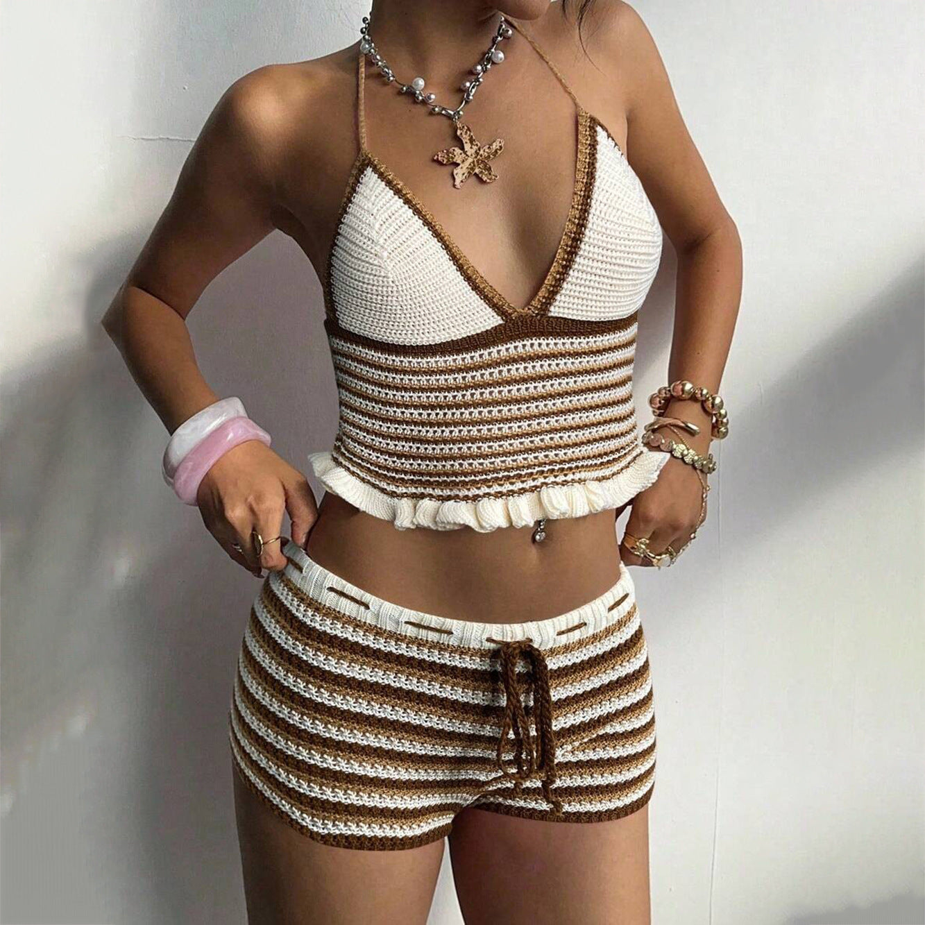 Solid Color Sexy V Neck Beach Vest Swimsuit Blouse Sun Proof Set For Women