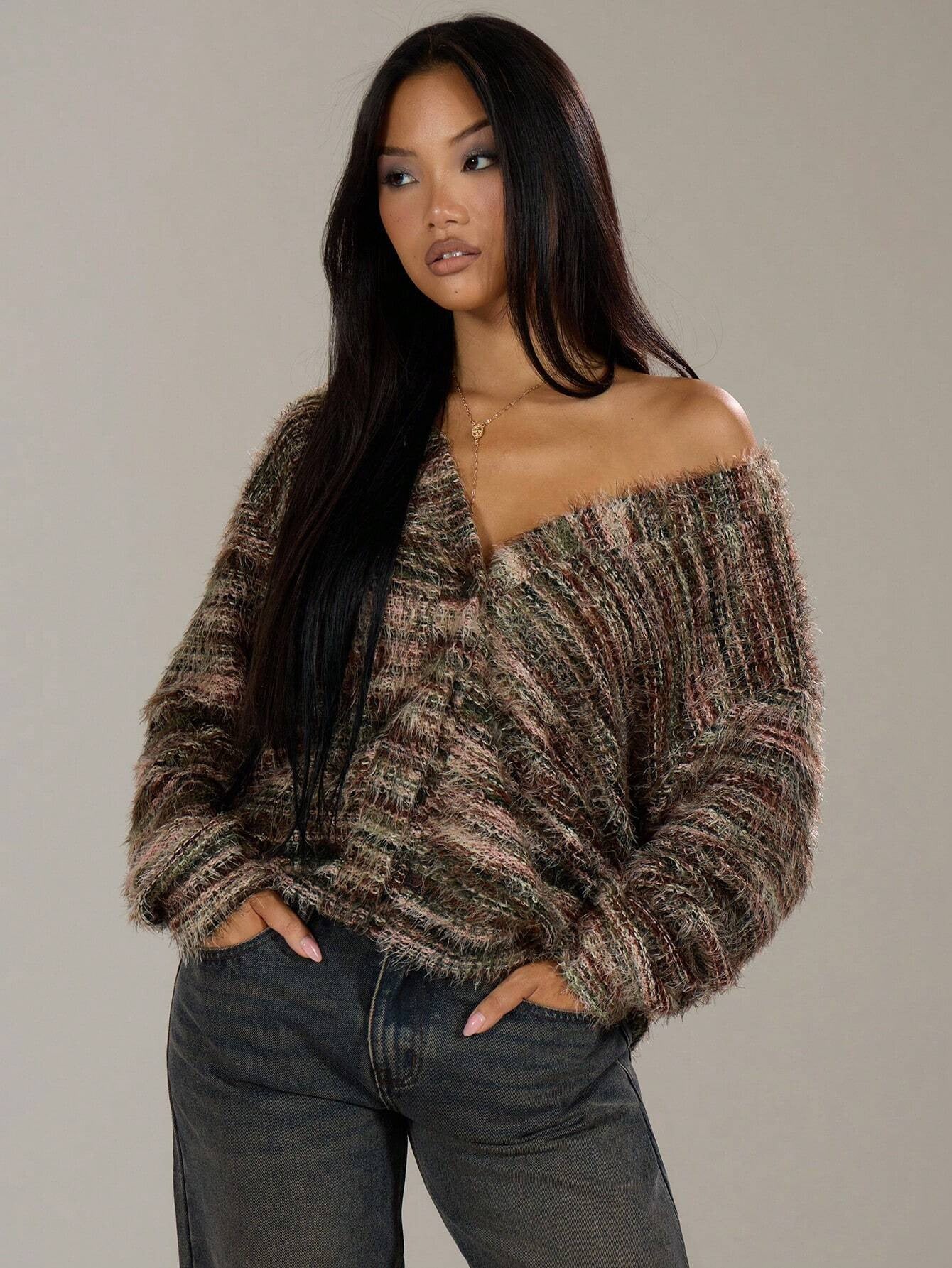 Retro Deep V Plunge neck Design Maillard Plush Long Sleeve Cardigan