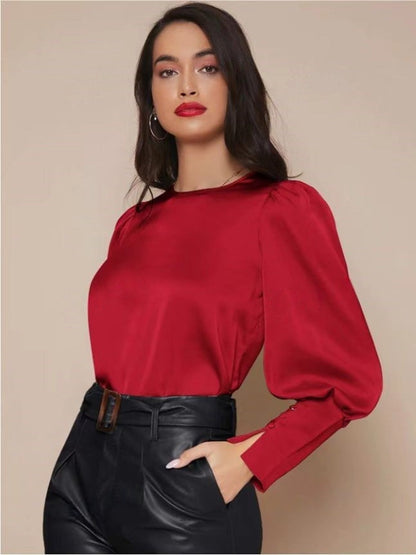 Long Sleeved Satin Shirt Women Spring Autumn Lantern Sleeve Satin Shirt Top