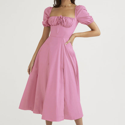 Summer French Dress Women Clothing Puff Sleeve Lace Up Slim Fit Dress