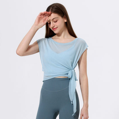 Two Piece Mesh Yoga Clothes Short Sleeve Running Quick Drying Sports Bra One Piece Cup Workout Dance Clothes Top