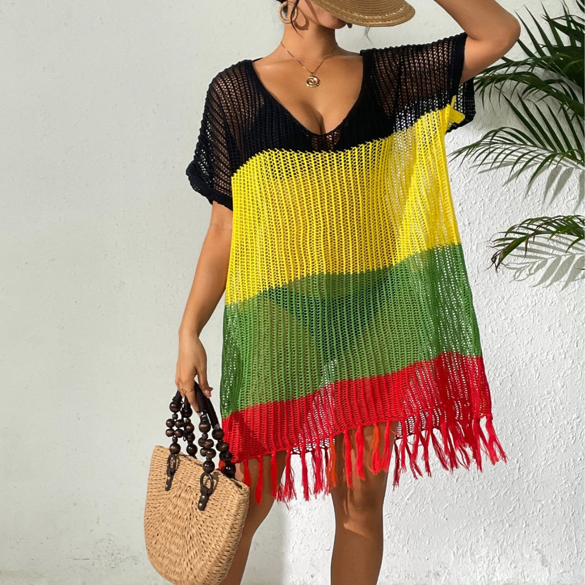 Women Lace up Dress Lace up Bow Color Contrast Patchwork Sexy Cutout Tassel Dress Beach Beach Cover Up
