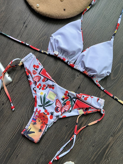 Swimsuit Women Printed Triangle Bikini Lace Up Three Point Bikini Swimsuit