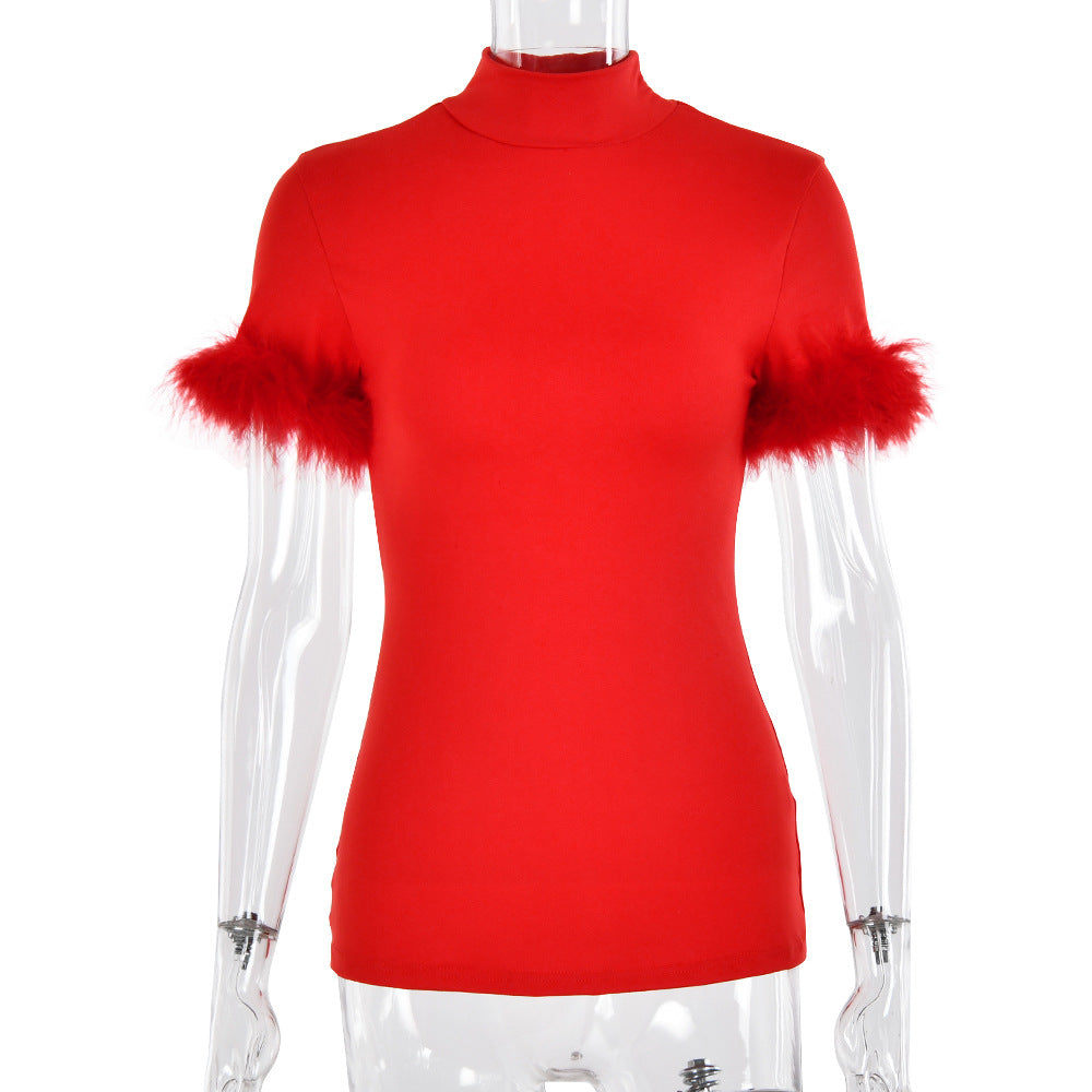 Summer Feather Sleeve Printed Design Women T shirt Slim Sexy Top