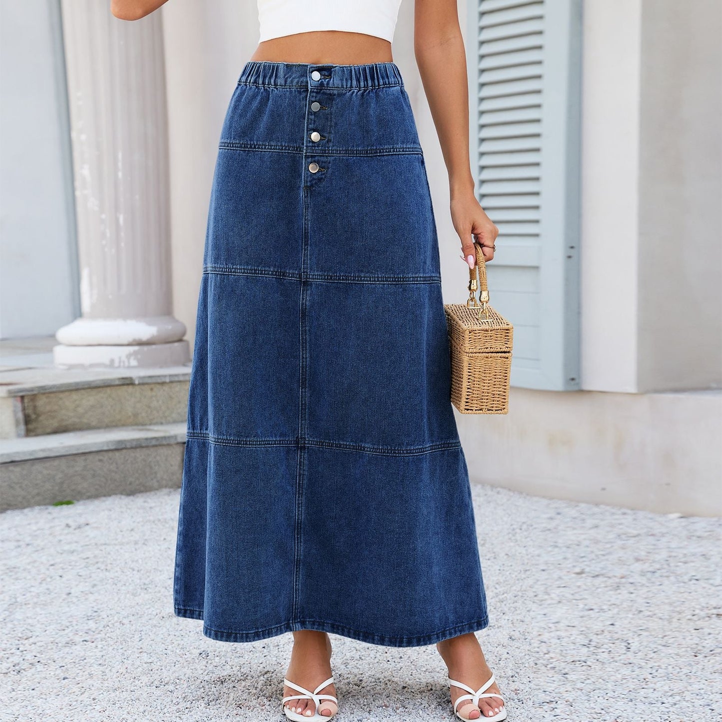 Elastic Waist Front Breasted Stitching Design All Matching Jeans Skirt Women