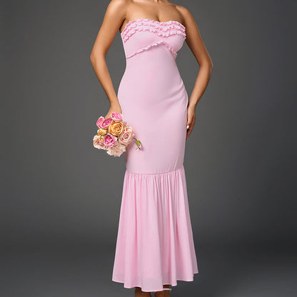 Chiffon Tube Top Dress Sexy Backless Wooden Ear Smocking Stitching Hip Dress