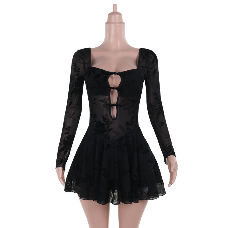Sexy See through Hollow Out Cutout Flocking Women Sexy Slim Hip Dress