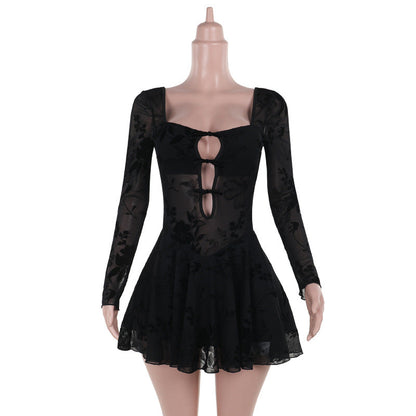Sexy See through Hollow Out Cutout Flocking Women Sexy Slim Hip Dress
