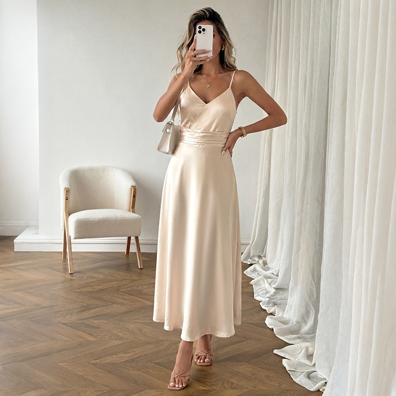Simple Elegant Champagne Satin V neck Strap Dress
