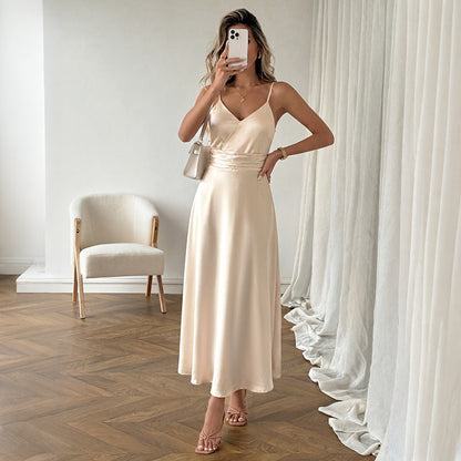 Simple Elegant Champagne Satin V neck Strap Dress