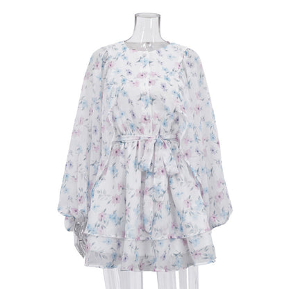 Dress Women Summer Round Neck Puff Sleeve Single Breasted Lace up A line Dress Floral Dress