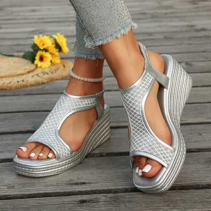 Online Open Toe Wedge Sandals Women Summer Casual Thick Soled Elastic Strap Beach Flip Flops on