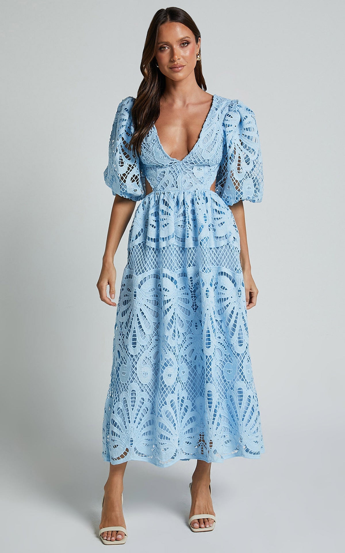 Women Clothing Hollow Out Cutout out Dress Summer V neck Lace Embroidery Sexy Waist Baring Dress