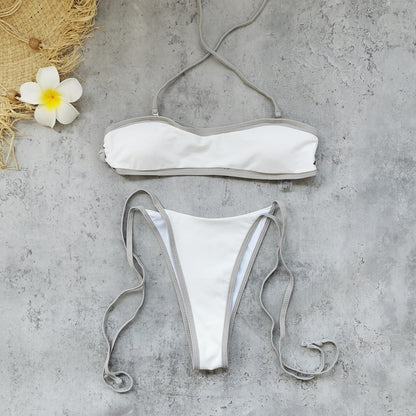 Halter Strap Solid Color Tube Top Low Waist Bikini Sexy Backless Briefs Split Swimsuit Women