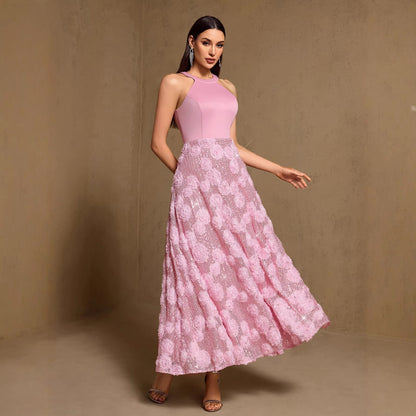 Spring Summer Halter Print Stitching Large Hem Fully Lined Evening Dress Party Dress