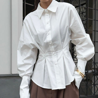Court White Cotton Shirt Women Light Luxury Pleat Waisted Slim-Fit Long-Sleeved Collared Shirt