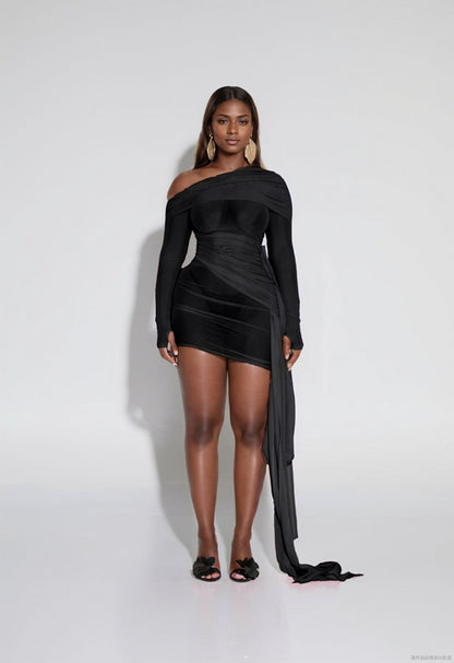 Spring Summer Women Wear Off Neck Design Sexy Pleated Dress Dopamine Sexy