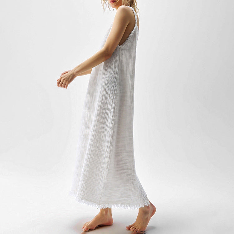 Women Clothing Fashionable Simple Casual Suspender Cotton Champray White V Collar Split Dress