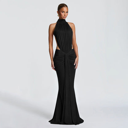 Women Clothing Summer Solid Color Small Turtleneck Sleeveless Backless Pleated Casual Sexy Dress