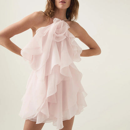Elegant Sexy High Grade Short Dress Early Spring Halter Three Dimensional Floral Design Lace up Sleeveless Dress