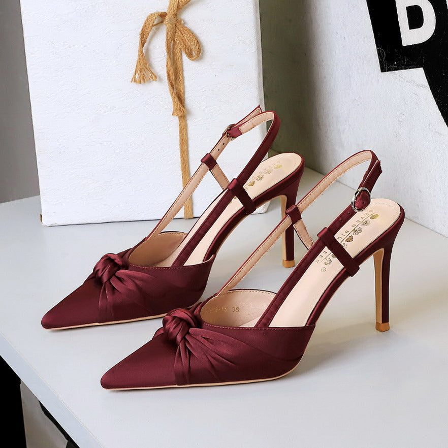 Cocktail Satin Bow Stiletto Heel High Heel Shoes Pointed Shallow Mouth Back Empty Closed Toe Shallow Mouth Pumps