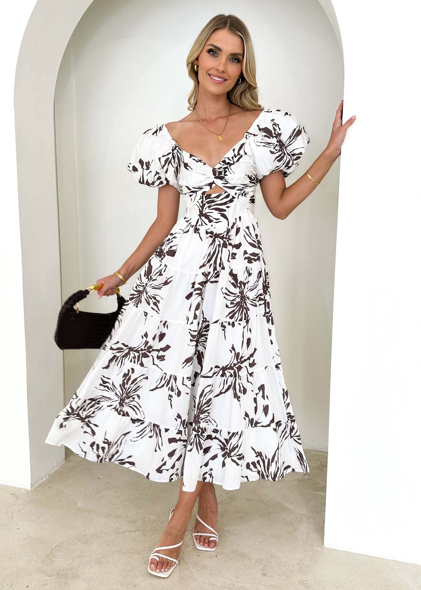 Spring Women Fashionable Elegant Puff Sleeve V neck Hollow Out Cutout out Printed Dress for Women