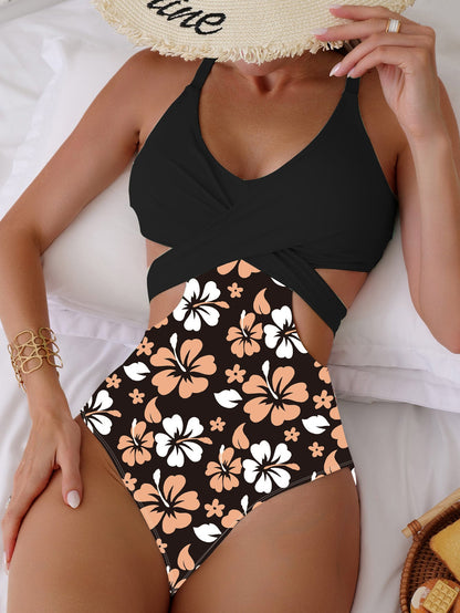 Bikini Printing Hollow Out Cutout Out Tied Sexy Siamese Bikini Swimsuit Swimwear Women