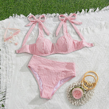 Swimwear Sexy Bikini Solid Color High Waist Thickened Bow Swimsuit