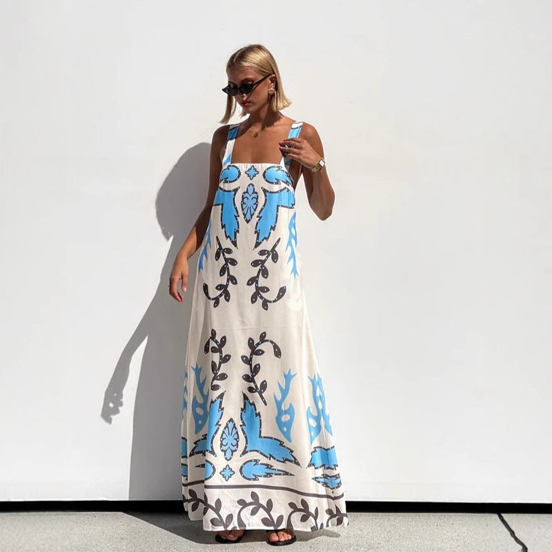 Summer Sexy Spaghetti-Strap Floral Print Dress Casual Loose Vacation Dress