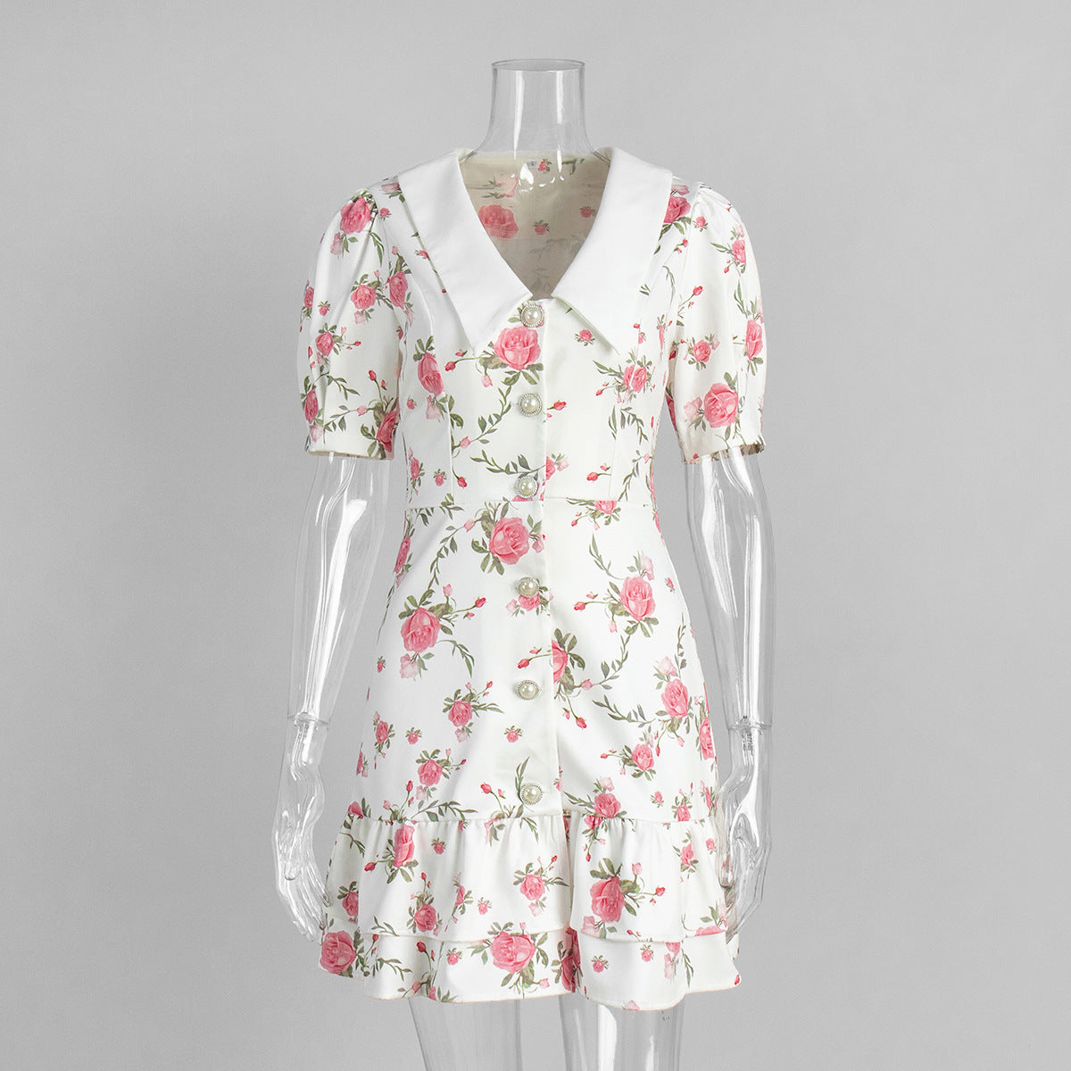 French V neck Puff Sleeve Dress Summer Waist Trimming Printing Short Dress Ruffled Dress