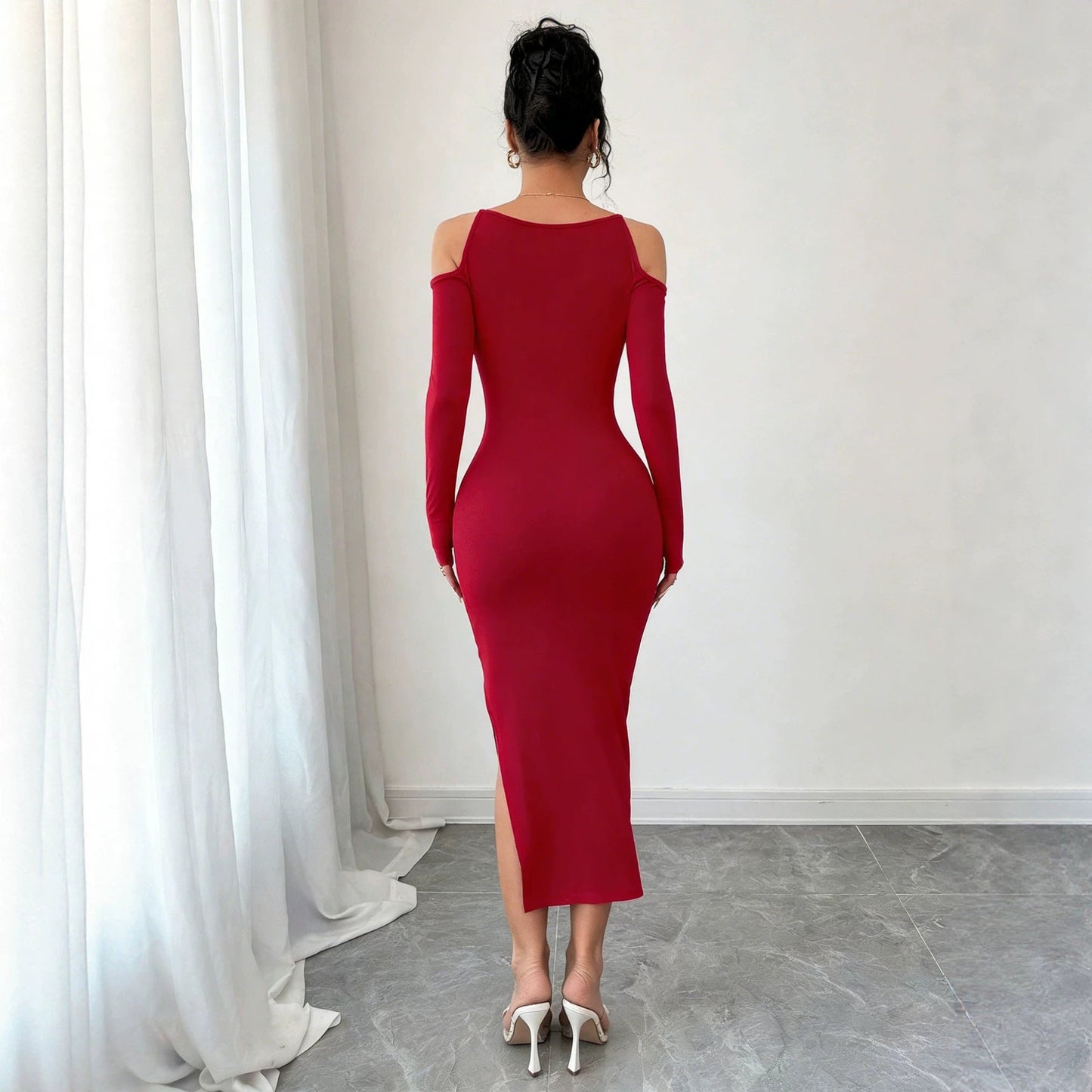 Cross Border Off Shoulder Dress Slimming Slit Bodycon Long Sleeve Formal Mid Length Dress For Banquets