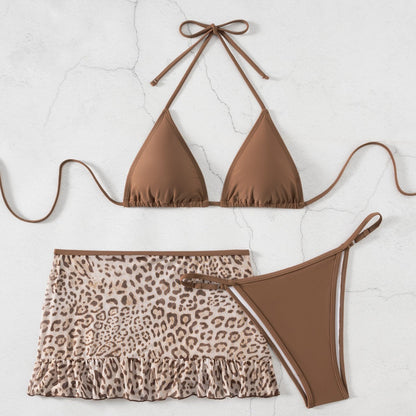 Red Wind Sexy Leopard Print Swimsuit Women Small Chest Banded Bikini Split Three Piece Set Vacation Swimwear