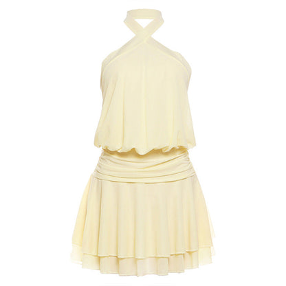 Spring Women Clothing Solid Color Slim Halter Sleeveless Backless Sexy Trend Pleated Dress Women
