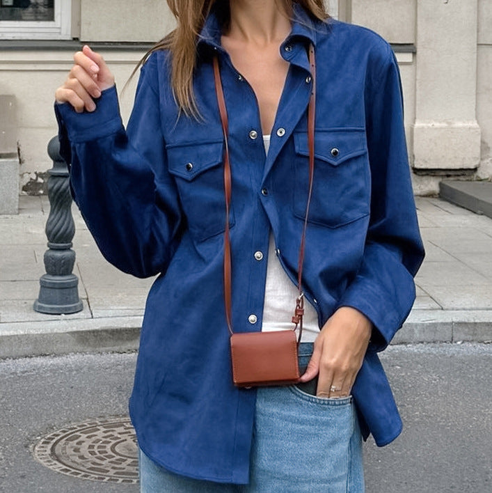 Klein Blue Loose Lapels Single Breasted Casual Outerwear Autumn Winter Cardigan Women