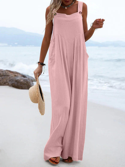 Women Clothing Summer Jumpsuit Ethnic Solid Color Wide Leg Jumpsuit