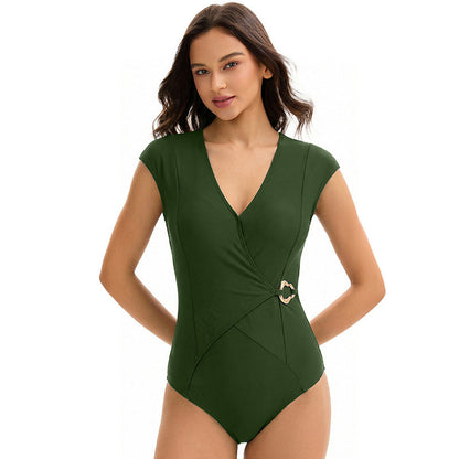 Sexy Swimsuit Women Triangle One Piece Solid Color Backless Conservative Swimwear