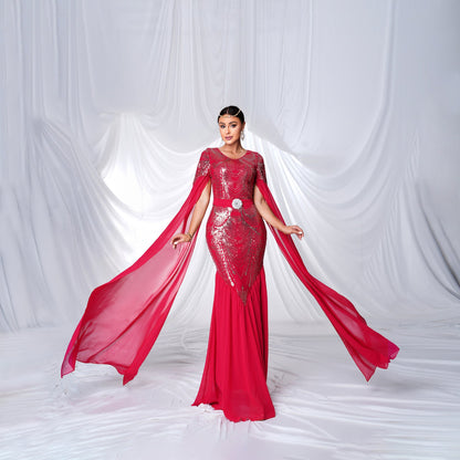 Women Clothing High End Long Sleeved round Neck Sequ Slim Fit Sheath Cocktail Fishtail Evening Dress