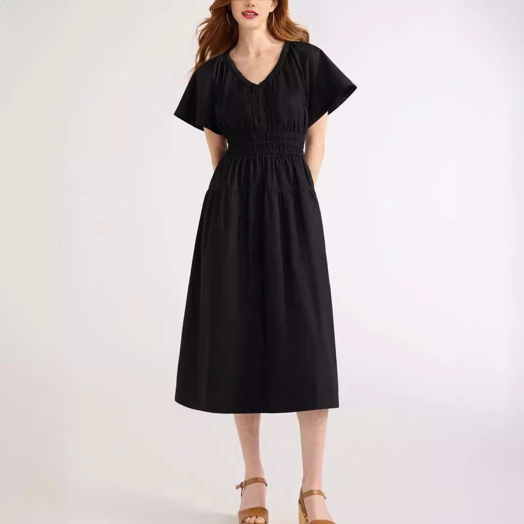 Summer Popular V neck Pleated Waist Tight Slimming Dress Dress
