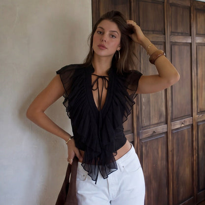 Women Clothing Summer Sexy Deep V Plunge neck Flounce Stitching Strap Sleeveless T shirt Top
