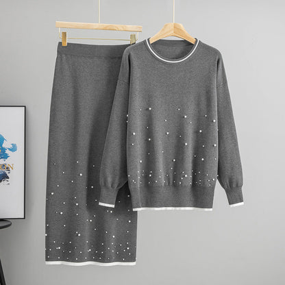 Fall Winter High Waist Loose Slimming Heavy Industry Beads Knitted Top Half Length Two Piece Sets