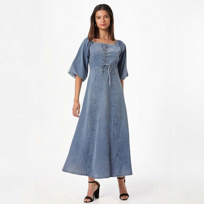 Square Mouth Long Sleeve Lantern Sleeve Waist Tight Solid Color Long A line Denim Thin Dress