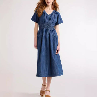 Summer Popular V neck Pleated Waist Tight Slimming Dress Dress
