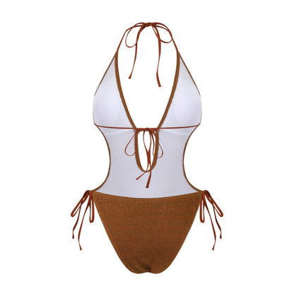 Bikini Sexy Deep V Plunge Lace up Halterneck Backless Siamese Women Swimsuit