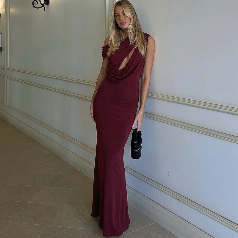 French Hollow Out Cutout Sheath Sleeveless Elegant Sexy Dress Summer Slim Solid Color Maxi Dress