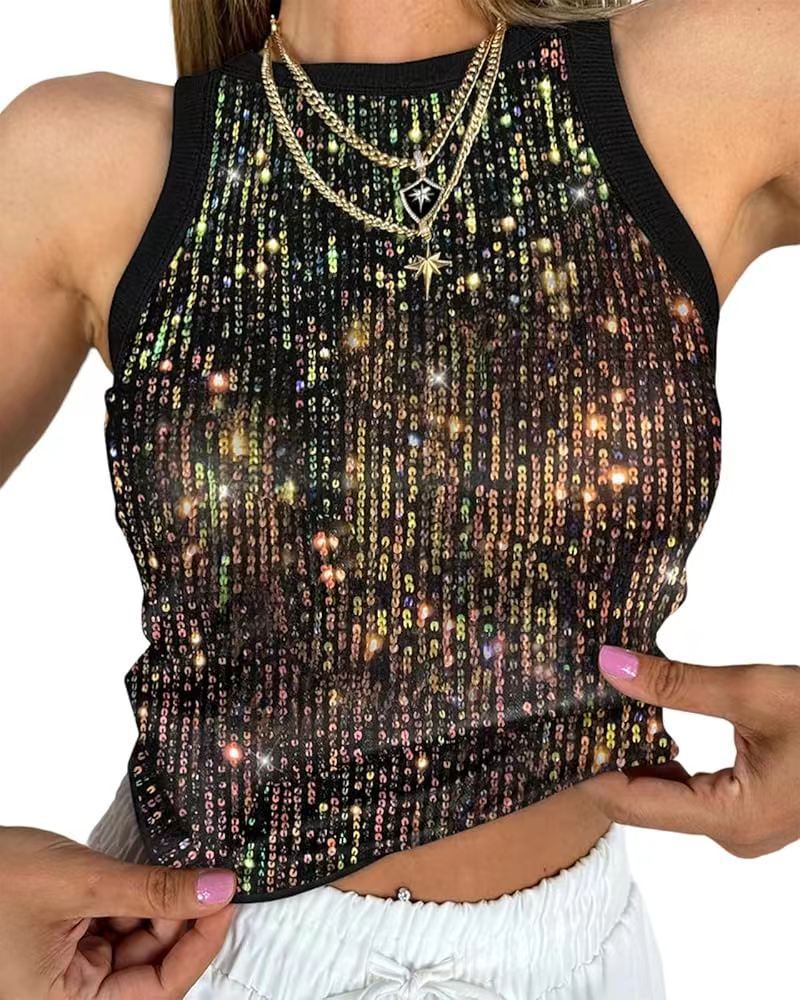 Sequin Leopard Print Women Vest Sexy Cropped Cropped Outfit Color Matching Sleeveless Top Women
