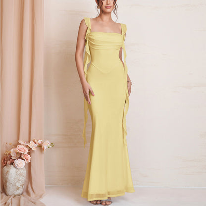 Summer Mesh Cami Dress Sexy Backless Square Collar Pleated Ribbon Cinched Slimming Maxi Dress