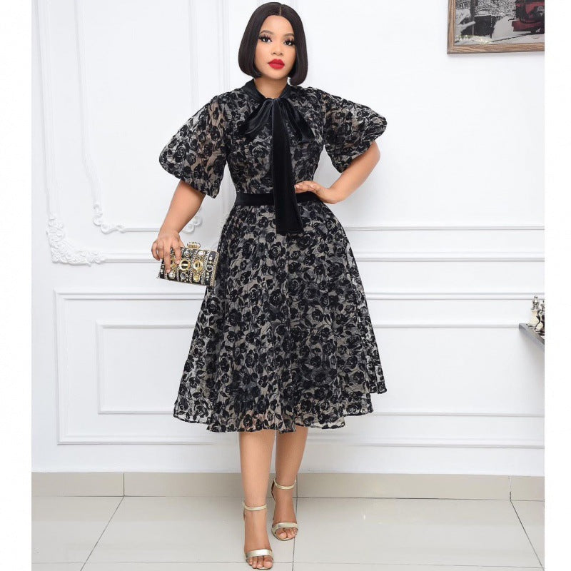Summer Graceful Stand Collar Black Flocking Encryption Mesh Cinched Lace Stitching Slimming Dress